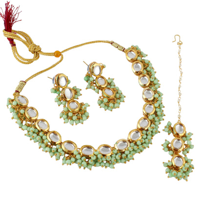 LUCKY JEWELLERY Back Meenakari 18k Gold Plated Mint Color Tika Earring Combo Uncut Big Faux Kundan Choker Necklace set - HalfPe