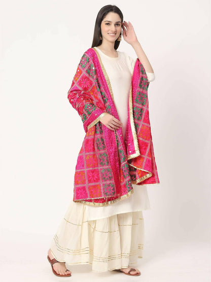 Magenta Phulkari Dupatta with Mirror Work ( Multicolour Embroidery) - HalfPe