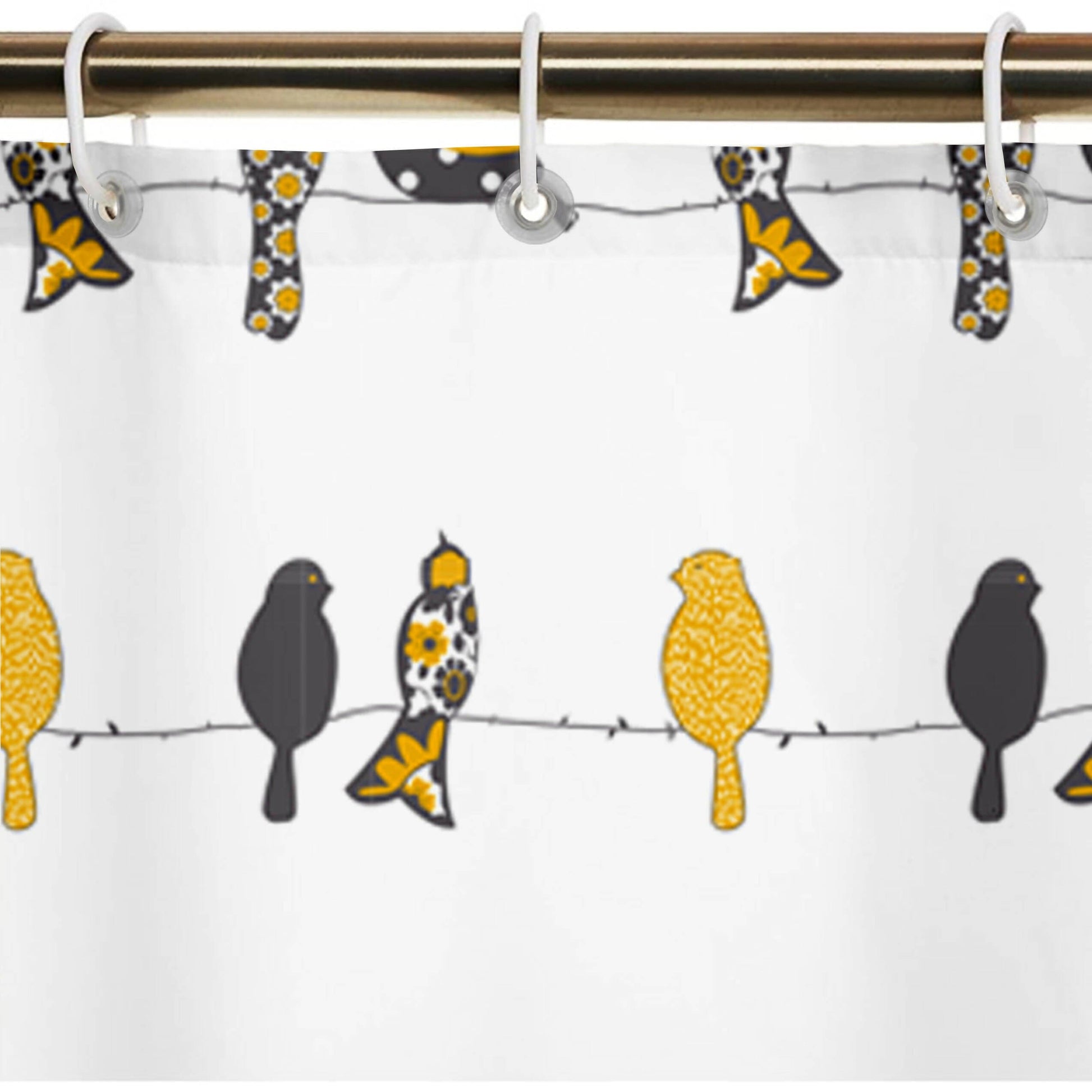 Lushomes Bathroom Shower Curtain with 12 Hooks and 12 Eyelets, Printed Bird Bathtub Curtain, Non-PVC, Water-repellent bathroom Accessories, Yellow, 6 Ft H x 6.5 FT W (72 Inch x 80 Inch) - HalfPe