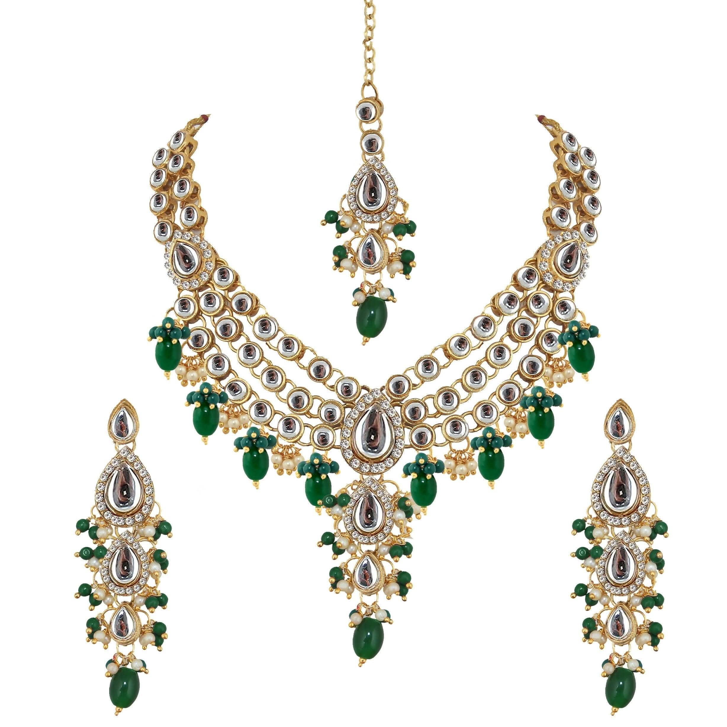 LUCKY JEWELLERY Gold Plated White Green Color Tika Earring Necklace Combo Kundan Jewellery Set - HalfPe