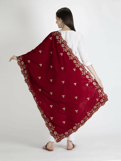 Embroidered Velvet Shawl Dupatta For Women (Red) - HalfPe