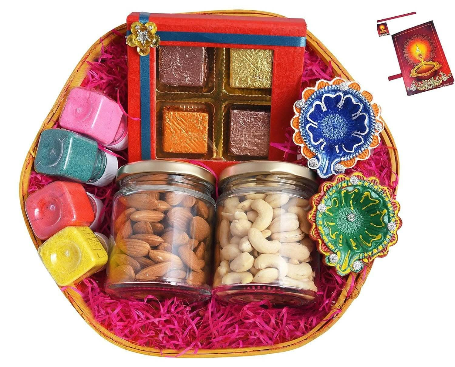 MANTOUSS Diwali Dry Fruits Gift Pack/Diwali Special Dry Fruit Hamper/Dry Fruits Gift Hamper-Tokri+Almond(100gms),cahsew(100gms)+Chocolate Box+Rangoli Colours+e Diya+deepawali Greeting Card - HalfPe