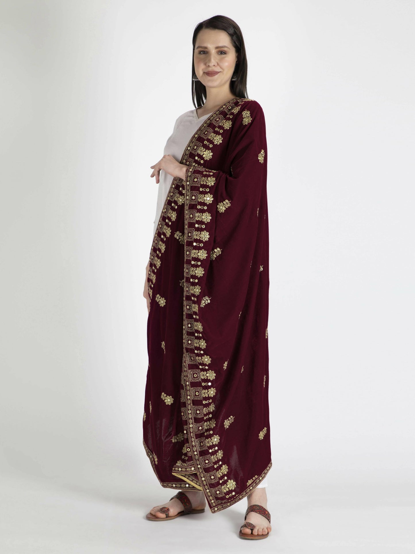 Velvet Shawl Dupatta (Maroon Embroidered ) - HalfPe