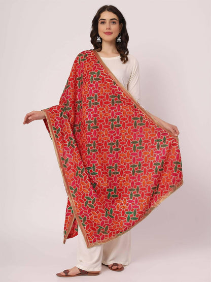 Red Multicolour Leaf Design Embroidery Phulkari Dupatta - HalfPe