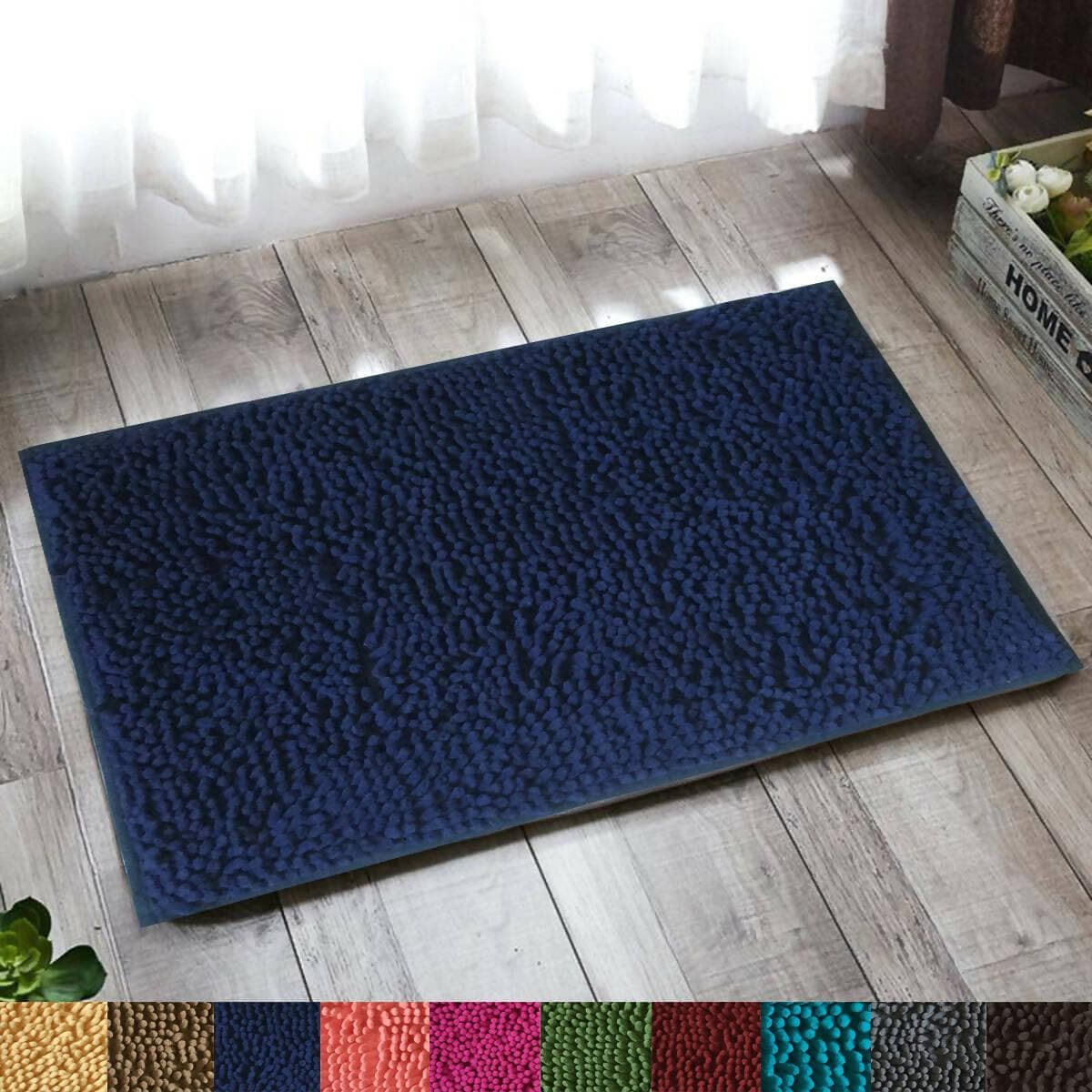 Lushomes bathroom mat, anti slip mat for bathroom floor, 1200 GSM Floor Mat with High Pile Microfiber, door mats for bathroom, kitchen mat(16 x 24 Inch, Single Pc, Navy Blue) - HalfPe