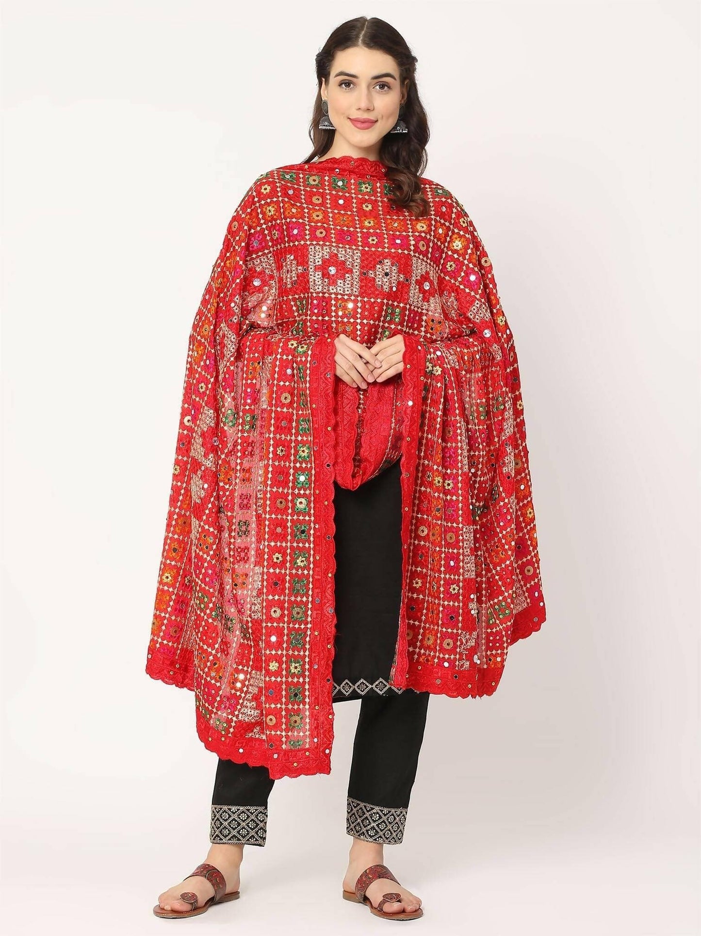 Red Multicolour Check Design Embroidery Phulkari Dupatta with Mirror - HalfPe