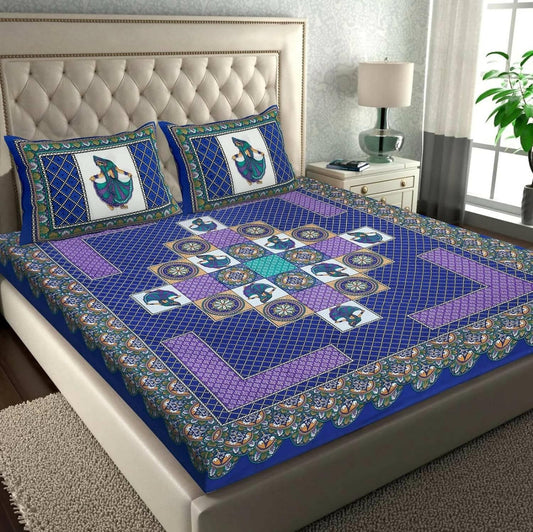 Jaipuri Multi Color Blue Rajasthani Print Double Bedsheet with 2 Pillow Cover - HalfPe