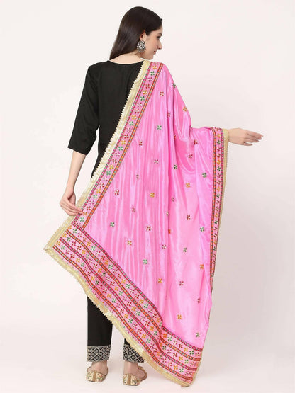 Pink Muliticolour Phulkari Embroidery Dupatta - HalfPe