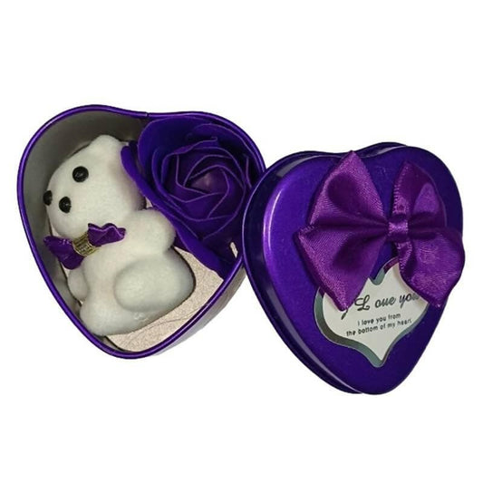 Valentine's Day Box with Small Teddy and Rose Made of Cloth (Purple Color) - Size 7 CM - HalfPe