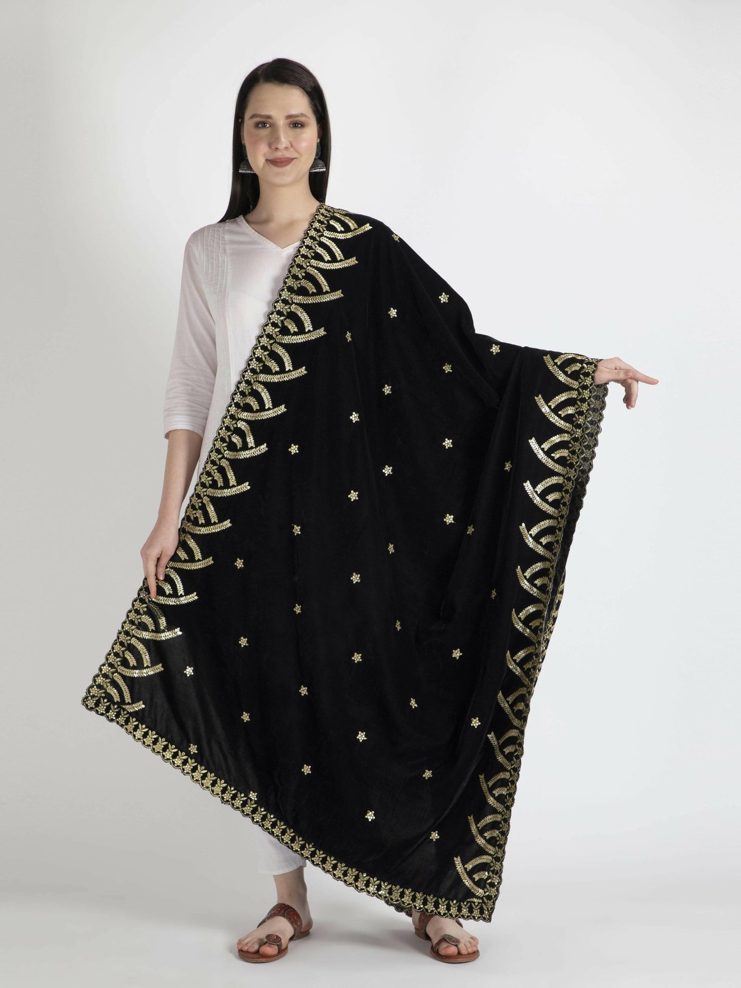 Embroidered Velvet Shawl Dupatta(Black) - HalfPe