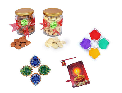 MANTOUSS Diwali Dry Fruit Decorative Glass Jar-Almond and Cashew(100gms Each),200 GMS + 2 earthern Diya, Diwali Greeting Card and Rangoli Colours - HalfPe