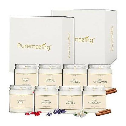 Puremazing Scented Soy Wax Candle Gift Set | 8 Pieces X 90 Grams | Lavender, Vanilla, Rose, Cinnamon Fragrances | 25 Hours Burning Time | Eco-Friendly & Luxurious Home Décor Gift Set - HalfPe