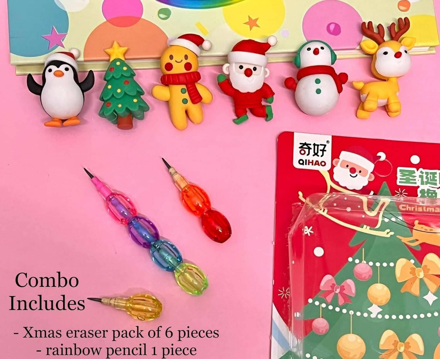 Le Delite Santa Claus Christmas Tree Reindeer Snowman Xmas Theme Combo of 6 Erasers & 1 Rainbow Pencil - HalfPe