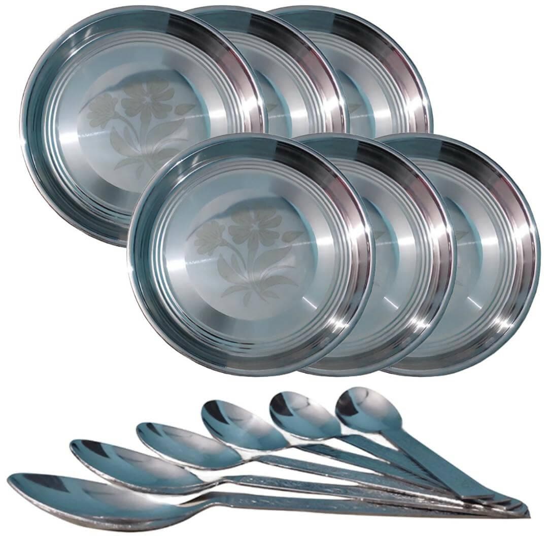 SHINI LIFESTYLE Stainless Steel Floral Dinner Plate with Table Spoon Set (Pack of 6) - HalfPe