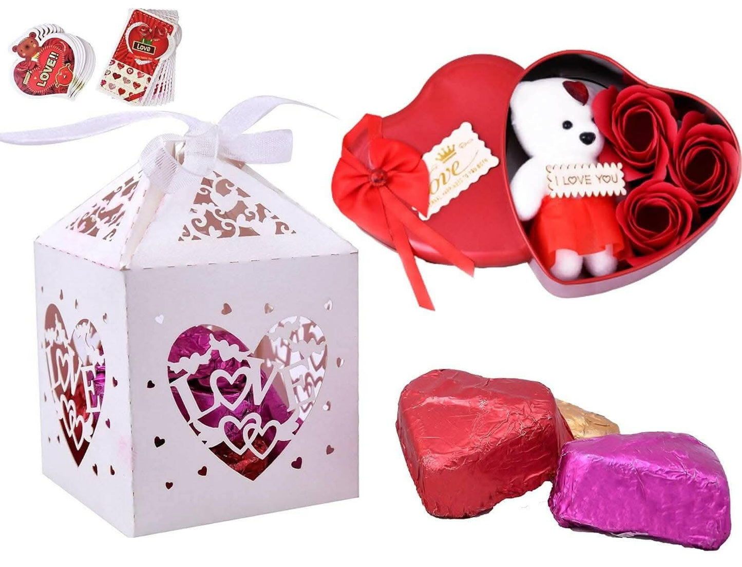 MANTOUSS Valentines Day Gift for Girlfriend/Boyfriend/Valentines Day Chocolate Gift Pack//-Love Box with Chocolate+ 3pc Roses and Teddy Bear in a Heart Shaped Box+ Valentines Day Greeting Card - HalfPe