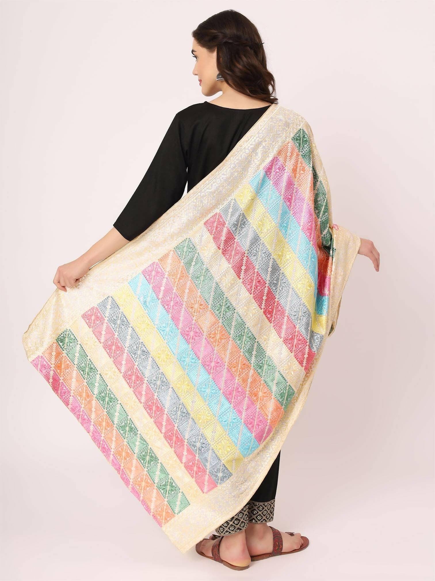 Pastel Colours Embroidery Phulkari Dupatta - HalfPe