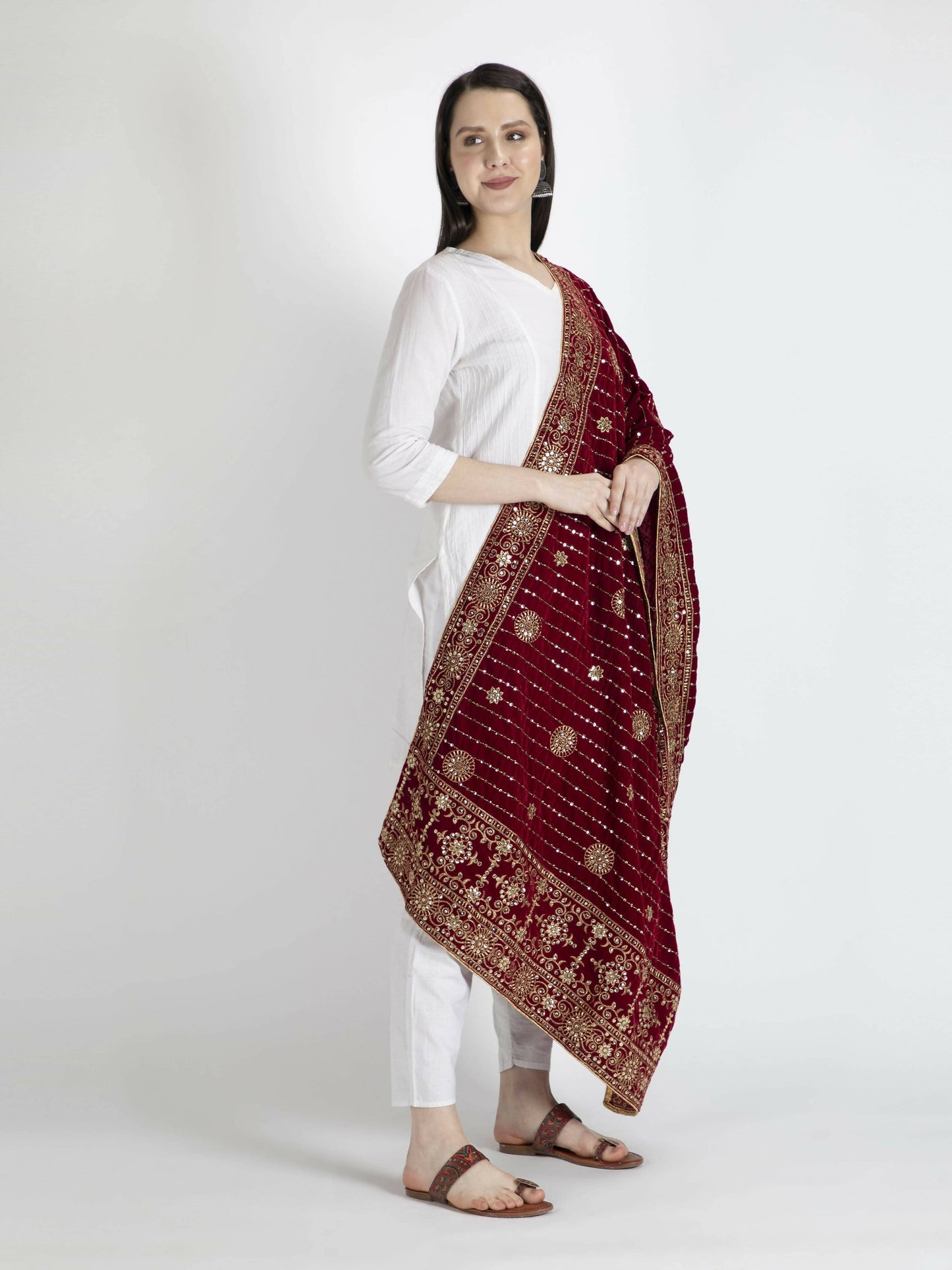 Embroidered Velvet Shawl Dupatta (Maroon) - HalfPe