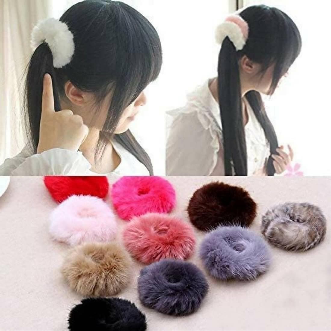 SENECIO Fluffy Fur Soft Multicolor Rubber Band /Hand Scrunchies (pack of 12) - HalfPe