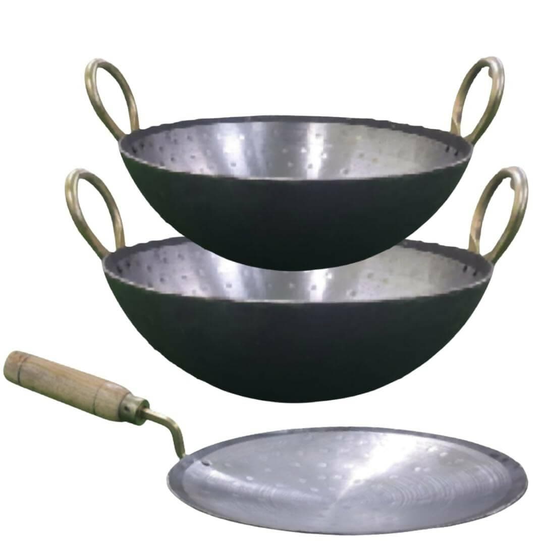 SHINI LIFESTYLE Iron loha kadhai deep Bottom 22cm and 28cm Diameter with Loha Tawa (combo pack of 3) - HalfPe