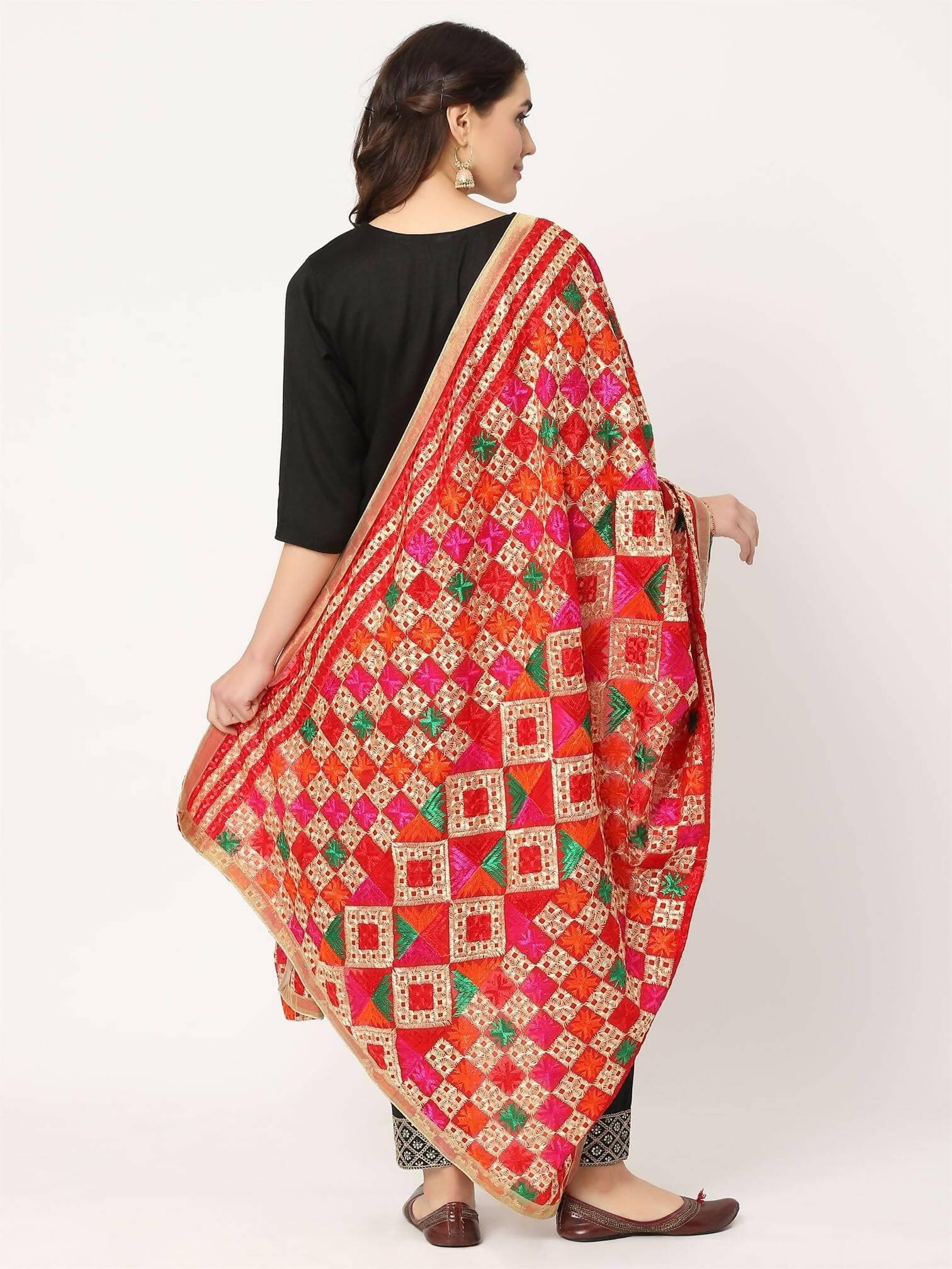 Red Multicolour Embroidery Phulkari Dupatta - HalfPe