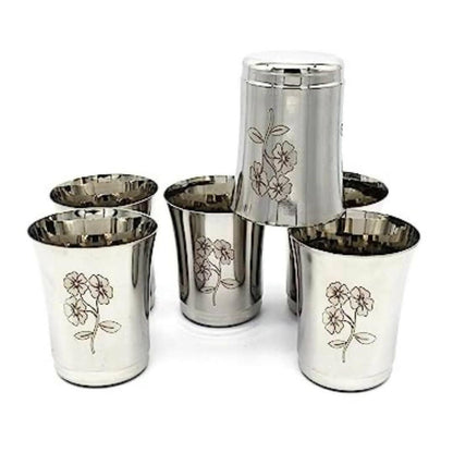 SHINI LIFESTYLE Steel Floral Design Jug and 6pc Laser Floral Design Glass, (Set of 6) - HalfPe