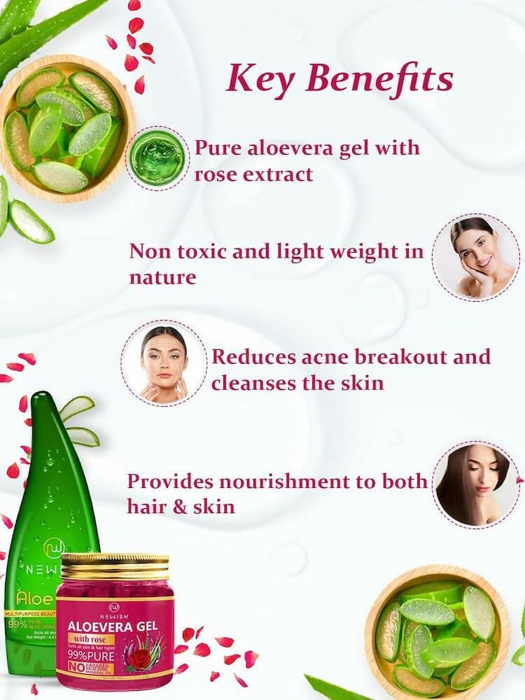 NEWISH Organic Aloevera Gel And Rose Aloe Vera Gel Combo For Hair And Face Massage Gel (Pack of 2 -330 GM) - HalfPe