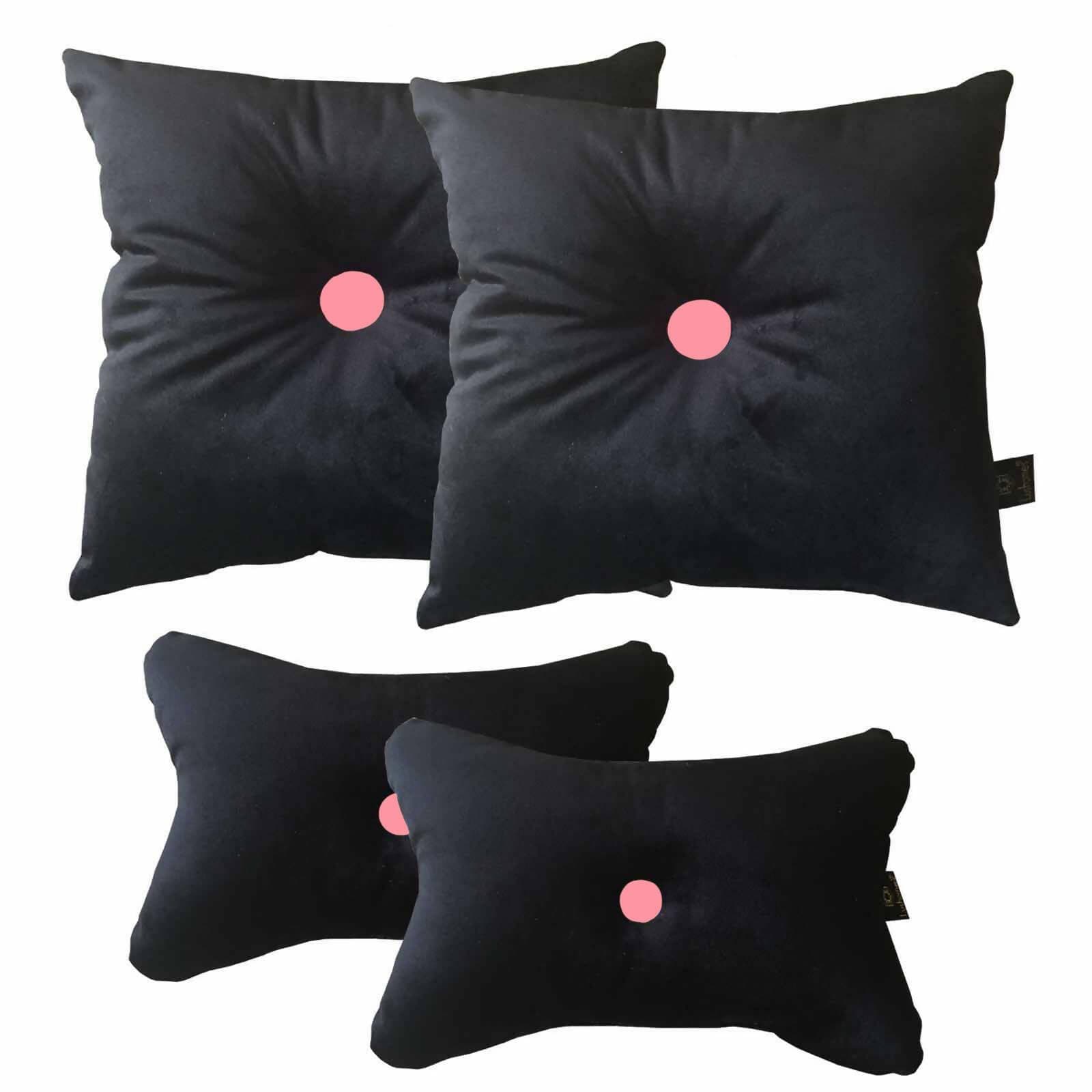 Lushomes car pillows and cushions, Black Velvet with Pink, cushion for car, pillows for car, car pillow set of 4, car cushion set(2 pc Cushions-12 x 12 inches & 2 pcs Neck Rest Pillow 6x10 inch) - HalfPe