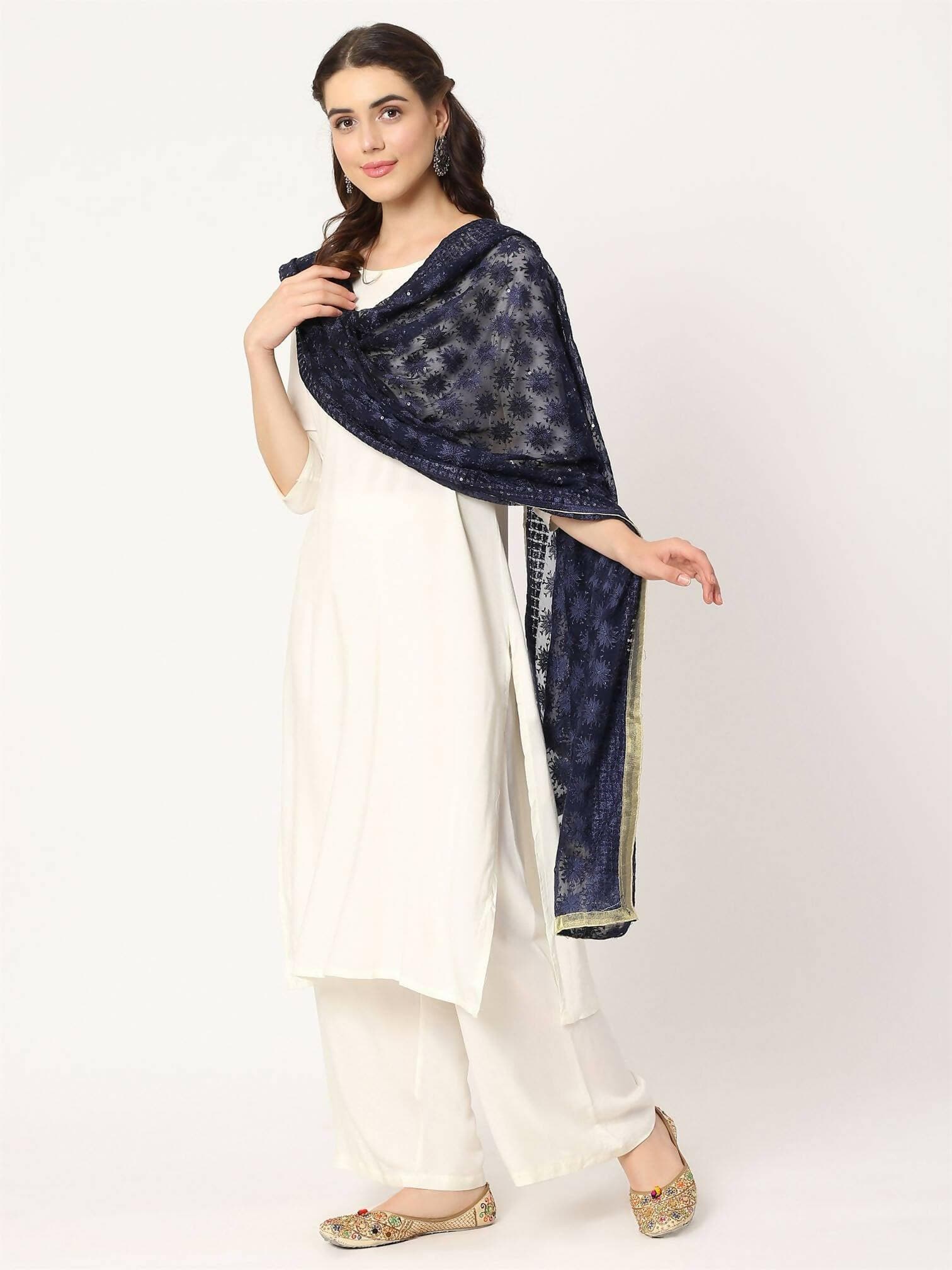 Navy Blue Sequined Phulkari Embroidery Dupatta - HalfPe