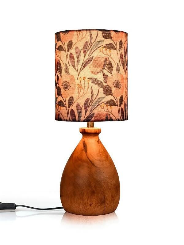 Wooden Dome Table Lamp Pink Floral Shade - HalfPe