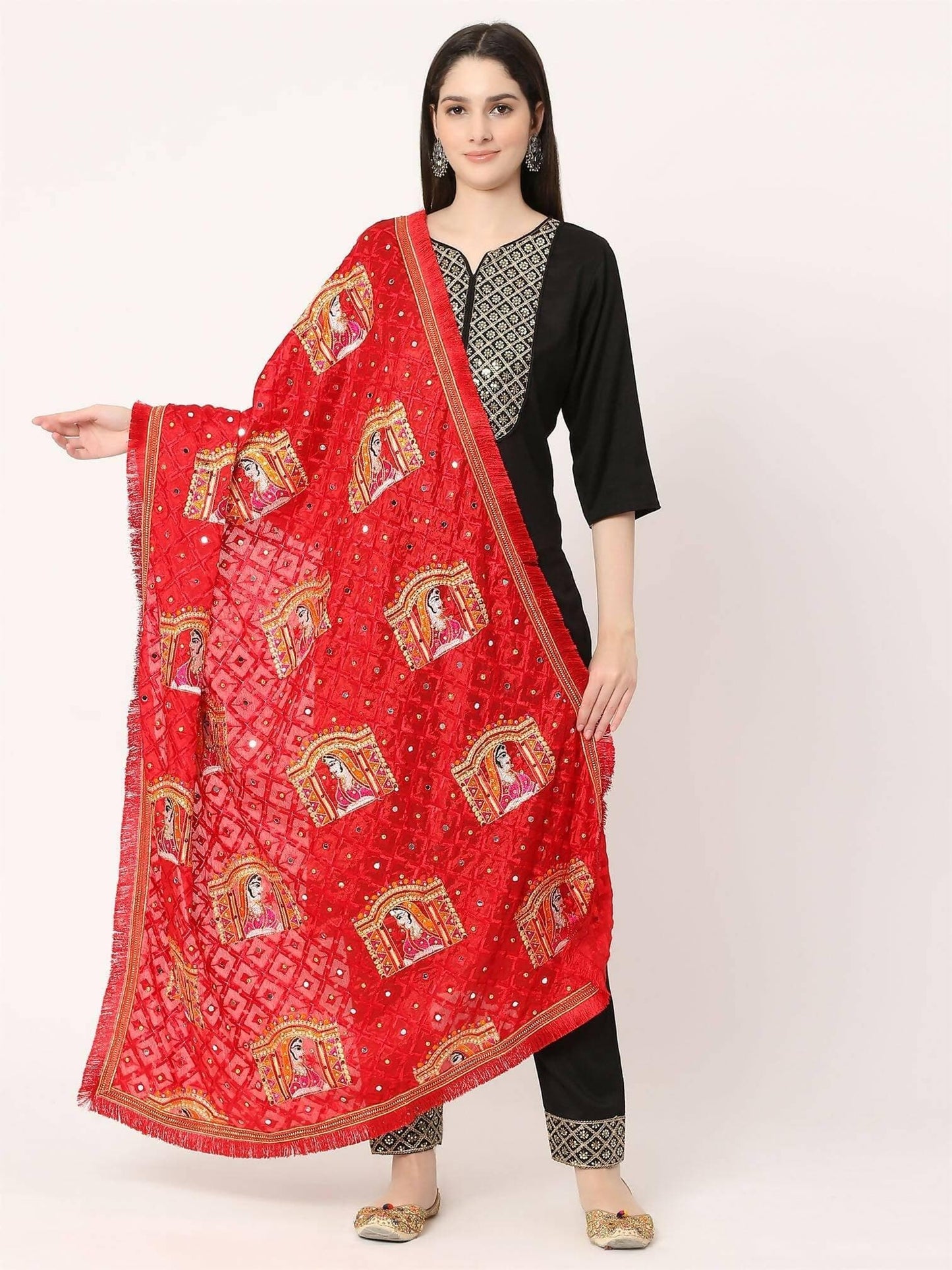 Doli Design Red Multicolour Embroidery Phulkari Dupatta With Mirror - HalfPe