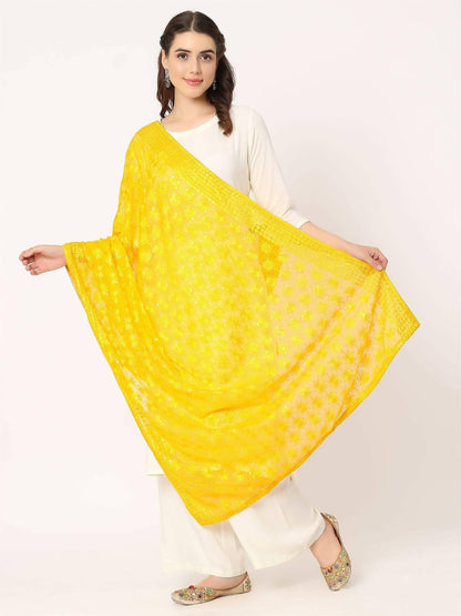 Yellow Sequined Phulkari Embroidery Dupatta - HalfPe