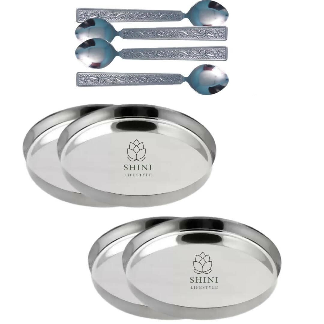 SHINI LIFESTYLE Stainless Steel Lunch Plates with Table Spoon Set (8) - HalfPe