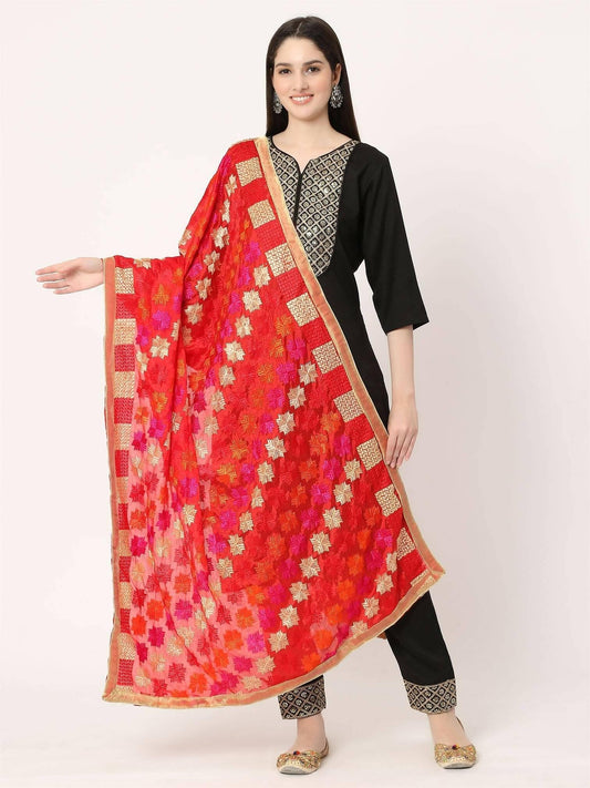 Red Mullticolour Embroidery Phulkari Dupatta - HalfPe