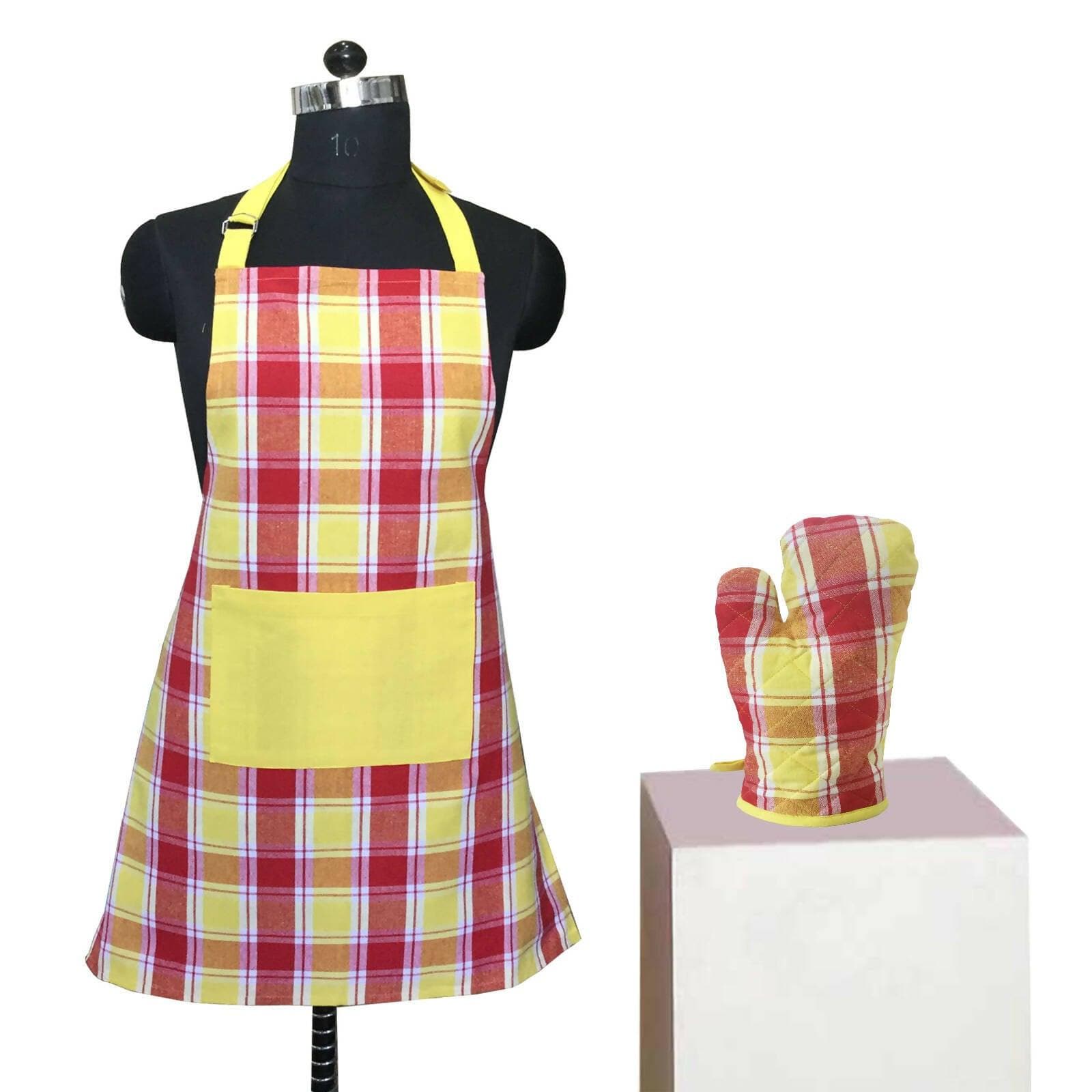 Lushomes Checks red and Yellow Kitchen Cooking Apron Set for Women, apron for kitchen, kitchen apron for women, (2 Pc Set, Oven Glove 17 x 32 cm, Apron 60 x 80 cms) - HalfPe