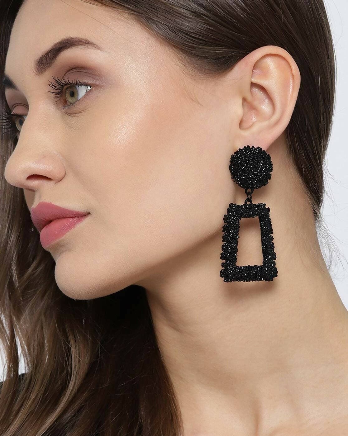 Pinapes Rectangle Geometric Metallic Earrings (Black) - HalfPe