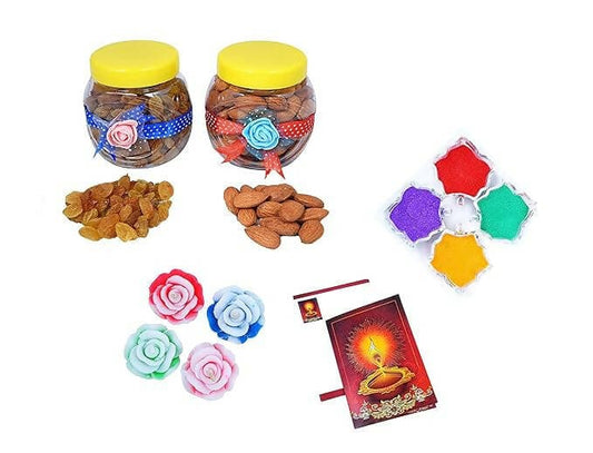 MANTOUSS Diwali Dry Fruit Decorated Jar-Almond and Raisin(100gms Each),200 GMS + 2 Floating Diya, Diwali Greeting Card and Rangoli Colours - HalfPe