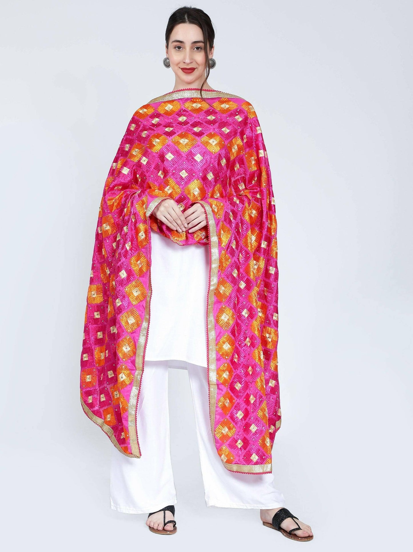 Multicolour Phulkari Dupatta (Magenta and Orange) - HalfPe