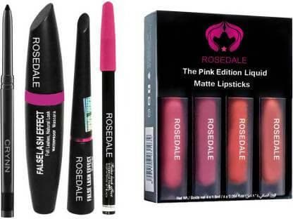 Crynn Smudge Proof HDA64 Makeup Beauty Kajal & Rosedale 3in1 Eyeliner , Mascara , Eyebrow Pencil & Rosedale Pink Edition Liquid Matte Lipstick - HalfPe