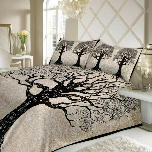 Jaipuri traditional Tribal Black Tree Design queen size cotton bedsheet with two pillow cover - HalfPe