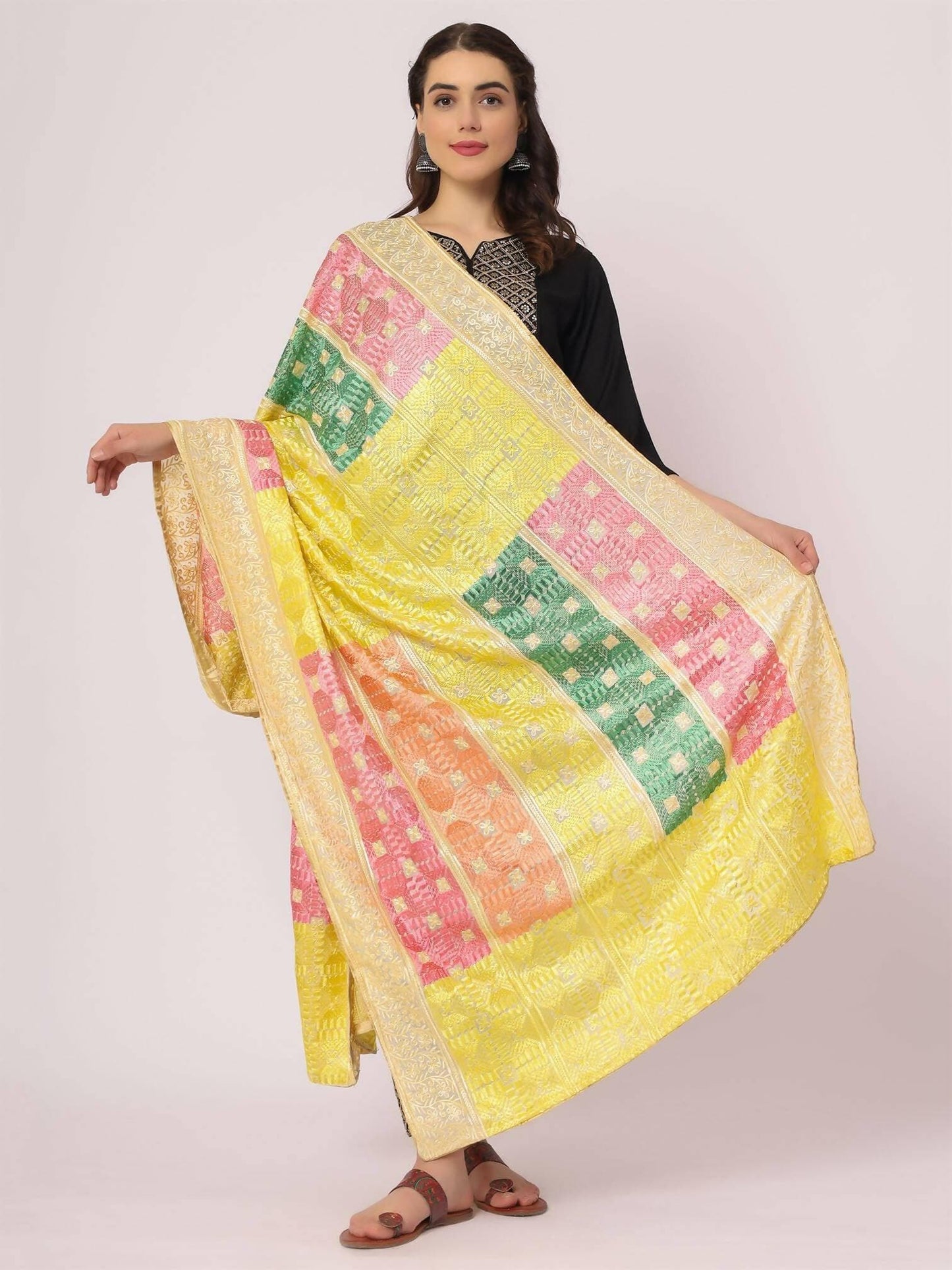 Lemon Pastel Colours Embroidery Phulkari Dupatta - HalfPe