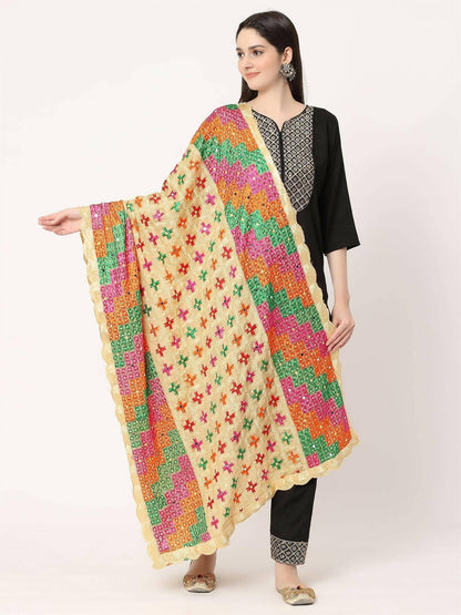 Beige Multicolour Check Design Embroidery Phulkari Dupatta - HalfPe