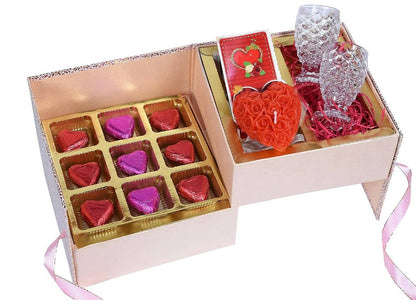 MANTOUSS Valentines Day Gift for Girlfriend/Boyfriend/Husband/Wife/Fiance-Double Decker Box with Chocolate+2 Shot Glasses+Valentines Day Card+Heart Shaped Candle - HalfPe