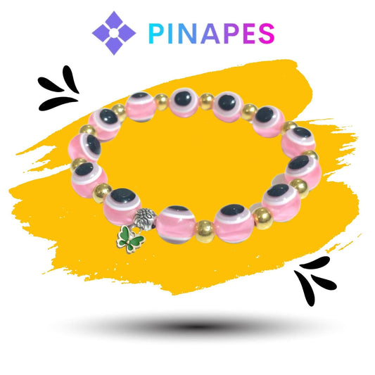 Pinapes artisanal beaded bracelet with tiny butterfly charms, “Nature’s Beauty (pink) - HalfPe