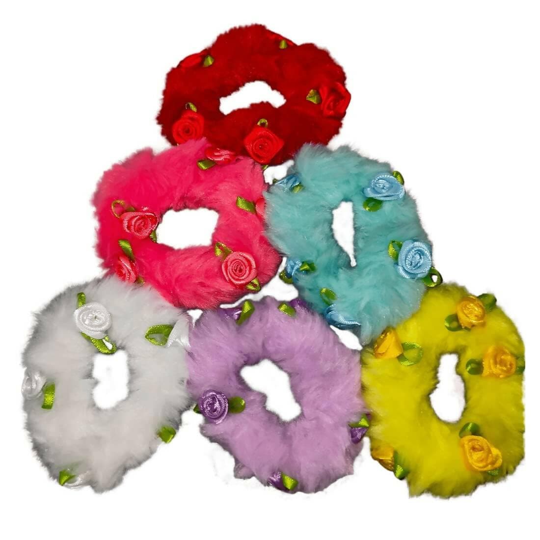 SENECIO Lovely Rose Fluffy Fur Soft Multicolor Rubber Band Hair Tie Scrunchies(6Pc)﻿ - HalfPe