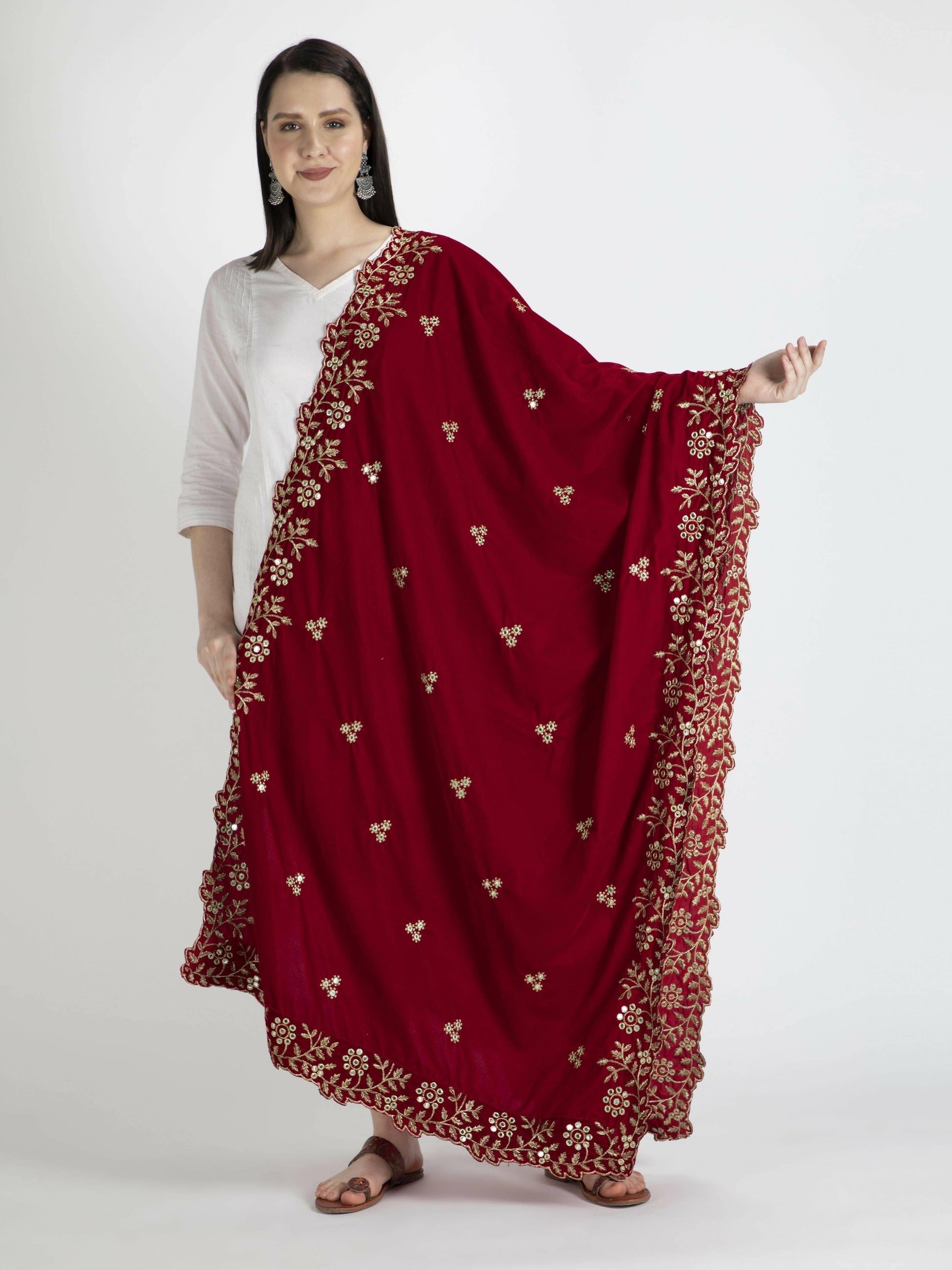 Embroidered Velvet Shawl Dupatta For Women (Red) - HalfPe