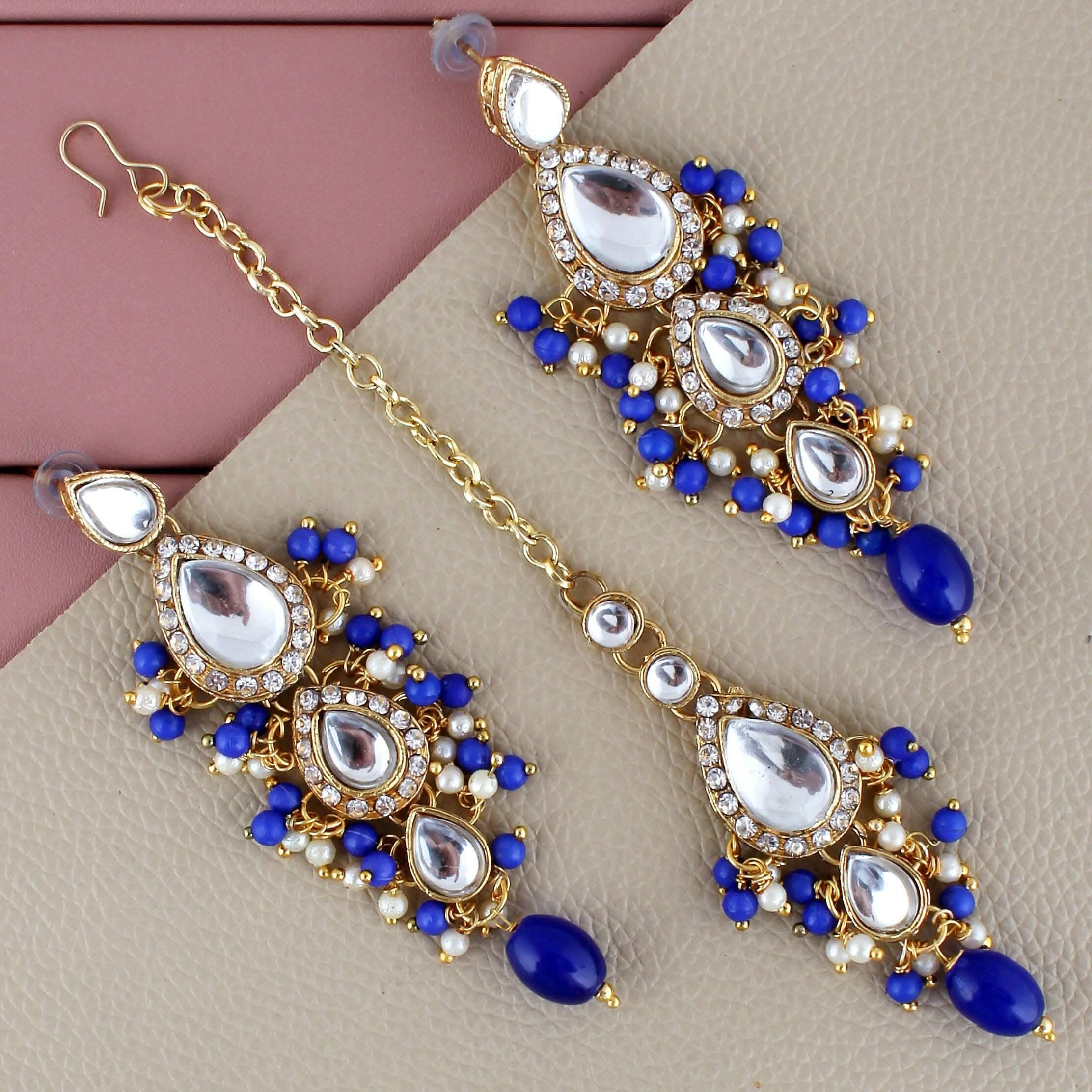 LUCKY JEWELLERY Gold Plated White Blue Color Tika Earring Necklace Combo Kundan Jewellery Set - HalfPe