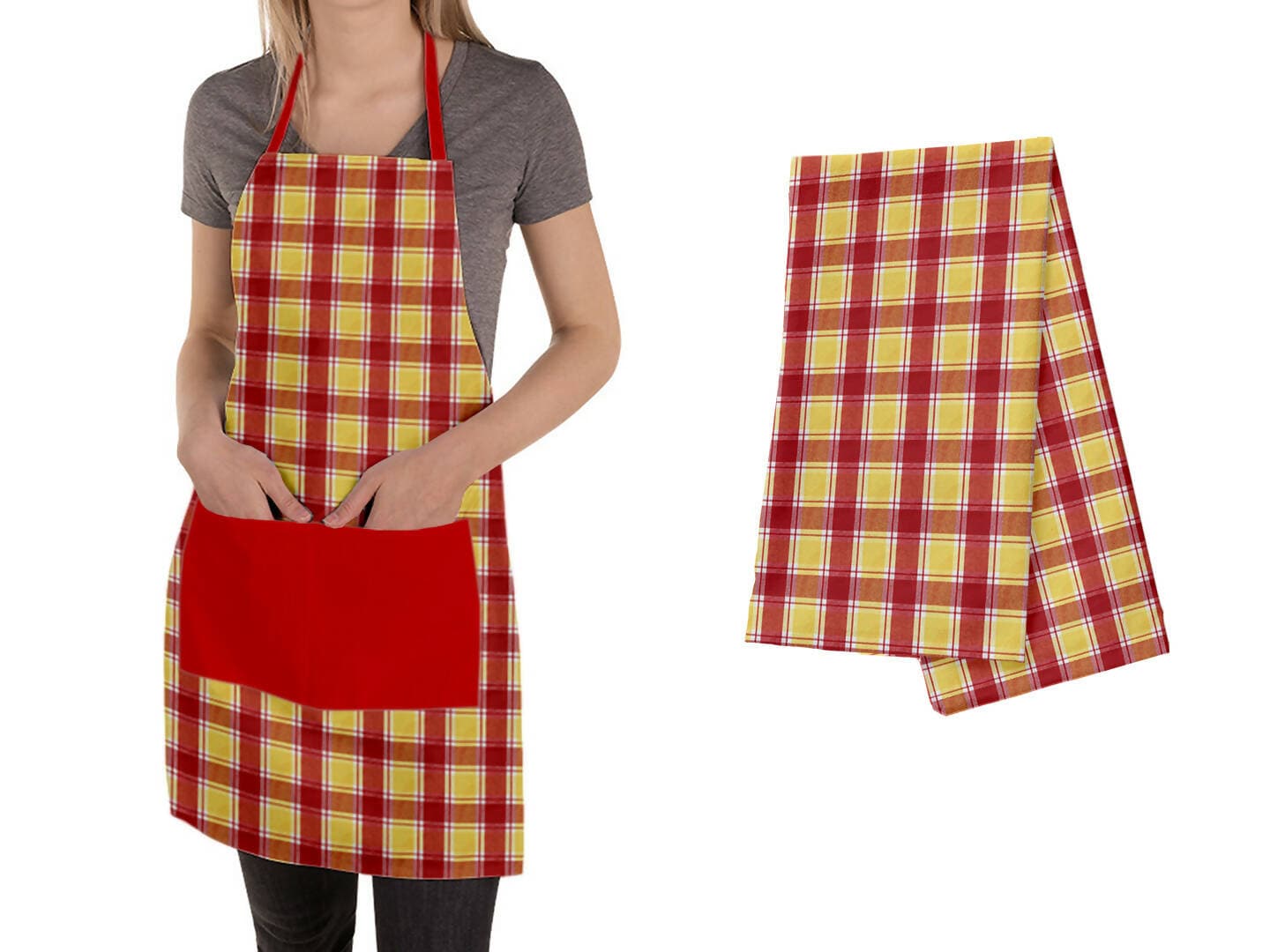 Lushomes Checks red and yellow Kitchen Cooking Apron Set for Women, apron for men, cooking aprons for women, kitchen apron for men, aprons, aprin (2 Pc Set, Kitchen T 40 x 60 cm, Apron 60 x 80 cms) - HalfPe