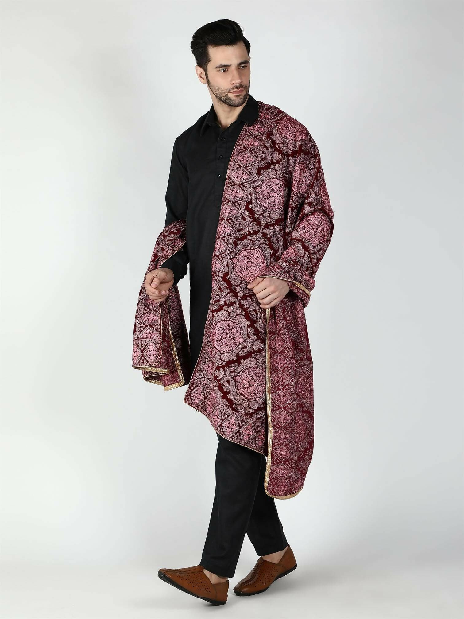 Moda Chales Velvet Dupatta Shawl (Maroon Pink Rust) - HalfPe