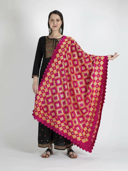 Phulkari Dupatta with Mirror Work (Magenta) - HalfPe