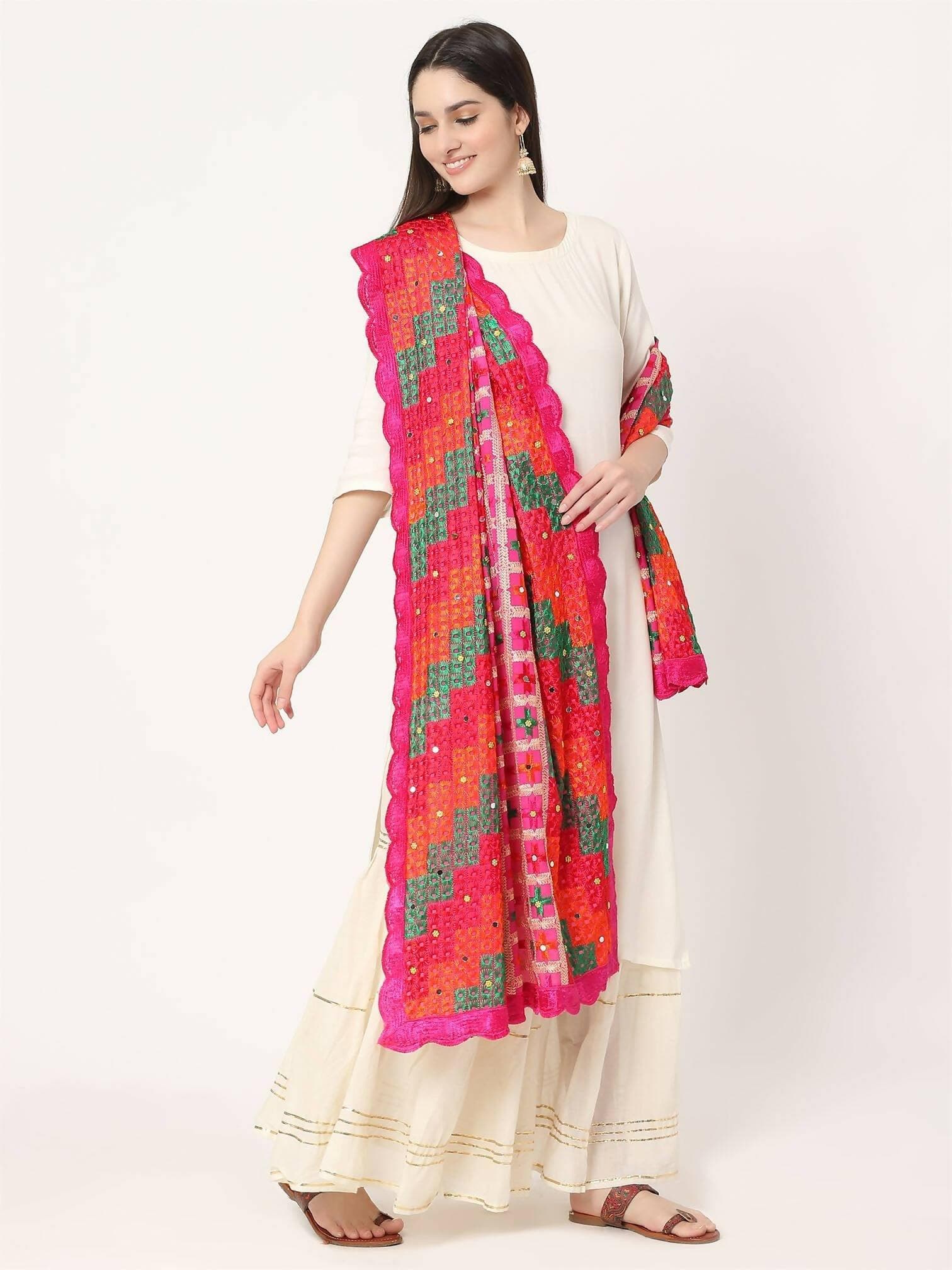 Magenta Embroidery Multicolour Phulkari Dupatta With Beads - HalfPe